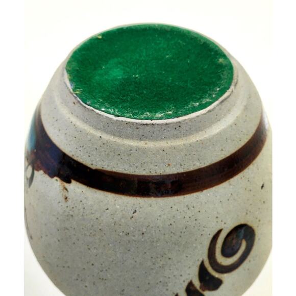 VASE-TONALA-MEXICAN-Cream Rough Finish-Blue Trim-Bird-Hand Painted-8" Tall - Picture 6 of 9